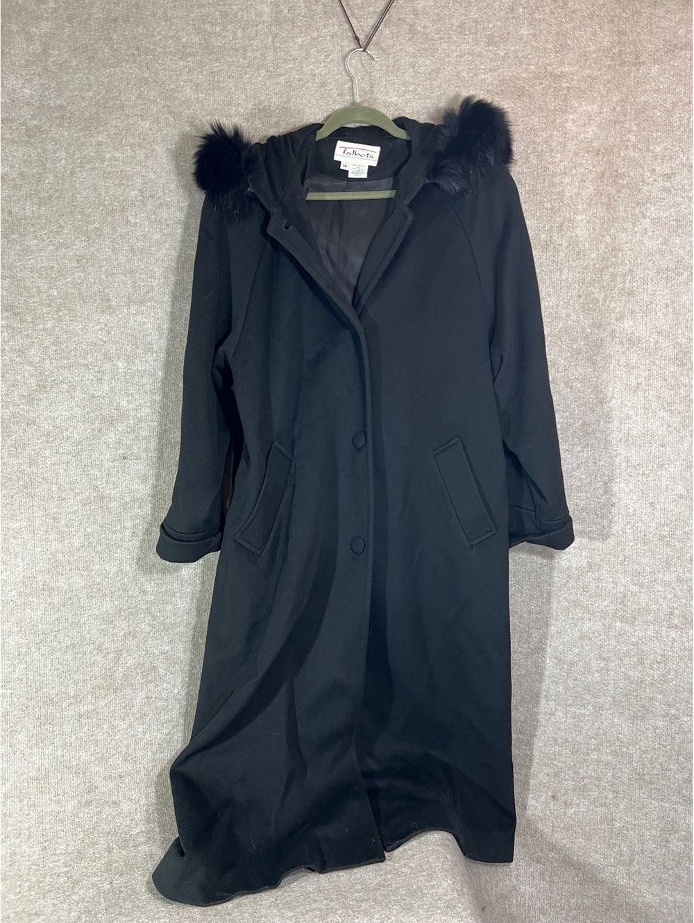 Vintage Talbots Women’s 14 Black 100% Wool Maxi Coat Genuine Fur Trim USA